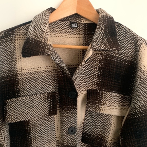Shein Beige Brown Plaid Shacket - Picture 3 of 8